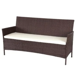 3-Sitzer Poly-Rattan Gartenbank Halden, Sitzbank ~ Braun-meliert, Kissen Creme