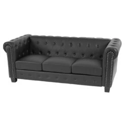 Luxus 3er Sofa Loungesofa Couch Chesterfield Kunstleder ~ Eckige Füße, Schwarz
