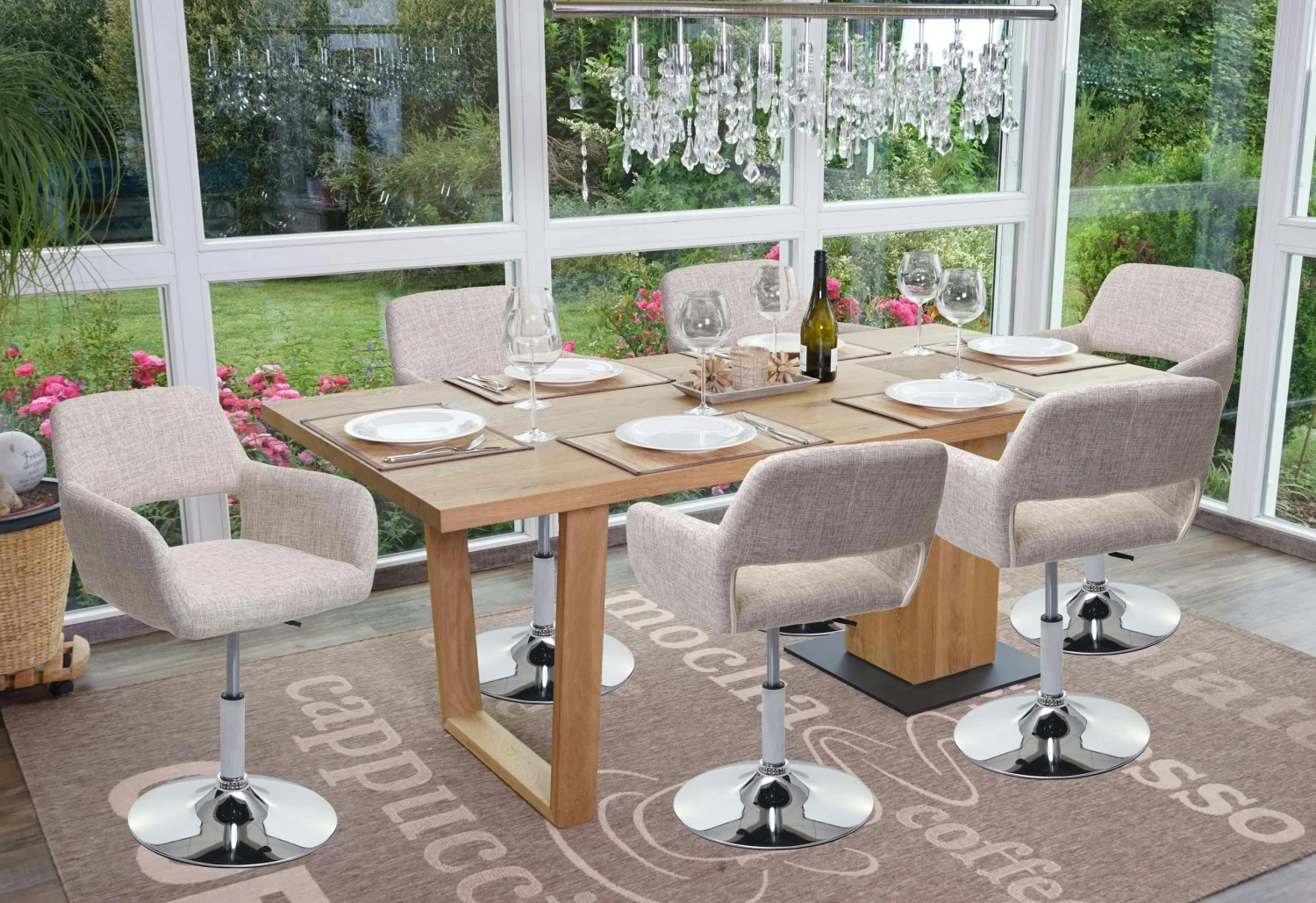 Esszimmerstuhl HWC-A50 III, Stuhl Küchenstuhl, Retro 50er Jahre, Stoff/Textil ~ Creme/grau, Chromfuß 8 Esszimmerstuhl HWC-A50 III, Stuhl Küchenstuhl, Retro 50er Jahre, Stoff/Textil ~ Creme/grau, Chromfuß – Bild 6