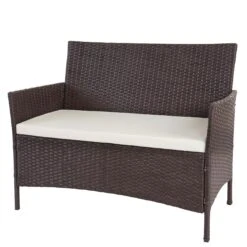 Poly-Rattan Gartenbank Halden, Sitzbank Bank ~ Braun-meliert, Kissen Creme