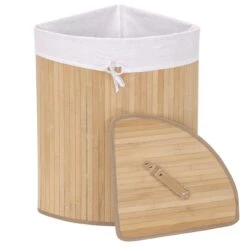 Eckwäschekorb HWC-C21, Laundry Wäschebox Wäschesammler Wäschebehälter, Bambus 61x48x35cm 50l ~ Naturfarben