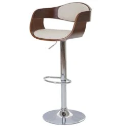 Barhocker HWC-A47, Barstuhl, Holz Bugholz Retro-Design ~ Walnuss-Optik, Kunstleder Creme