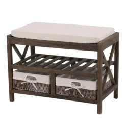 Schuhregal HWC-C48, Sitzbank Schuhablage, Shabby-Look Vintage 45x65x34cm ~ Braun
