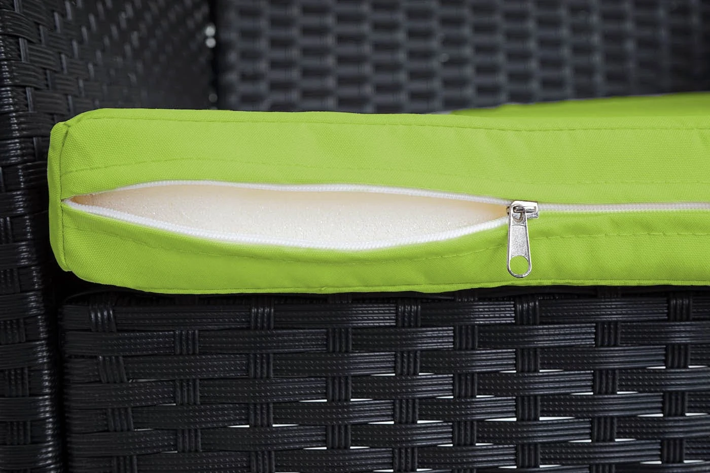 2-1-1 Poly-Rattan Garten-Garnitur Halden, Sitzgruppe Lounge-Set Sofa ~ Anthrazit, Kissen Grün 7 2-1-1 Poly-Rattan Garten-Garnitur Halden, Sitzgruppe Lounge-Set Sofa ~ Anthrazit, Kissen Grün – Bild 6