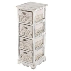 Regal Kommode Mit 4 Korbschubladen 74x25x28cm, Shabby-Look, Vintage ~ Weiß