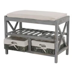 Schuhregal HWC-C48, Sitzbank Schuhablage, Shabby-Look Vintage 45x65x34cm ~ Grau
