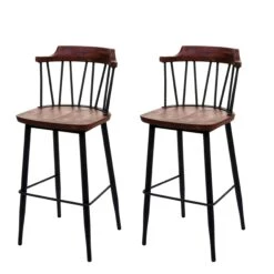2er-Set Barhocker HWC-G69b, Tresenhocker Barstuhl, Massivholz Retro Design Metall Fußablage Gastronomie ~ Vintage Braun