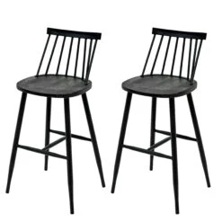 2er-Set Barhocker HWC-G69, Tresenhocker Barstuhl, Massivholz Retro Design Metall Fußablage Gastronomie ~ Anthrazit