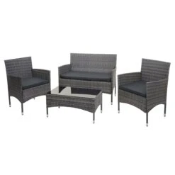 Poly-Rattan Garnitur HWC-F55, Balkon-/Garten-/Lounge-Set Sofa Sitzgruppe ~ Grau, Kissen Dunkelgrau