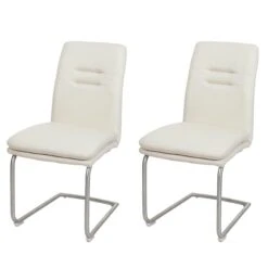 2er-Set Esszimmerstuhl HWC-H70, Küchenstuhl Freischwinger Stuhl, Stoff/Textil Edelstahl Gebürstet ~ Creme-beige