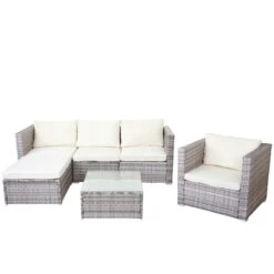 Poly-Rattan-Garnitur Brescia, Gartengarnitur Sitzgruppe Sofa Lounge-Set ~ Grau, Kissen Creme