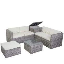 Poly-Rattan-Garnitur HWC-D21, Balkon-/Garten-/Lounge-Set Sofa Sitzgruppe, Box Staufach ~ Grau, Kissen Creme