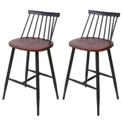 2er-Set Barhocker HWC-G69, Tresenhocker Barstuhl, Massivholz Retro Design Metall Fußablage Gastronomie ~ Vintage Braun