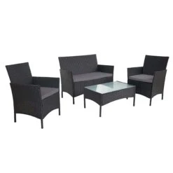 2-1-1 Poly-Rattan Garten-Garnitur Halden, Sitzgruppe Lounge-Set Sofa ~ Anthrazit, Kissen Anthrazit