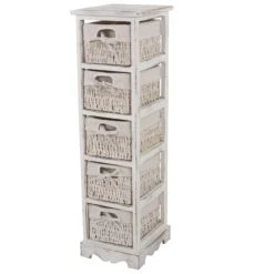 Regal Kommode Mit 5 Korbschubladen 90x25x28cm, Shabby-Look, Vintage ~ Weiß