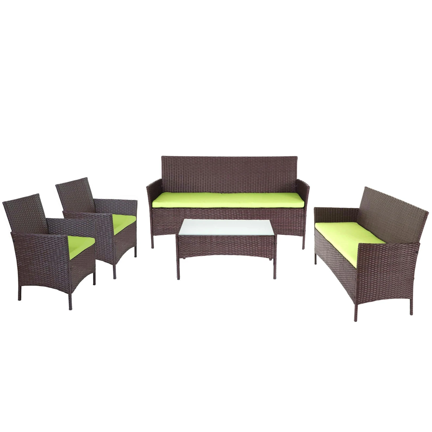 2-1-1 Poly-Rattan Garten-Garnitur Halden, Sitzgruppe Lounge-Set Sofa ~ Braun-meliert, Kissen Grün 4 2-1-1 Poly-Rattan Garten-Garnitur Halden, Sitzgruppe Lounge-Set Sofa ~ Braun-meliert, Kissen Grün – Bild 2