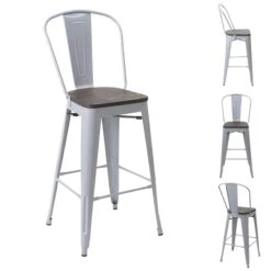 4er-Set Barhocker HWC-A73 Inkl. Holz-Sitzfläche, Barstuhl Tresenhocker Mit Lehne, Metall Industriedesign ~ Grau