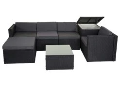 Poly-Rattan-Garnitur HWC-D21, Balkon-/Garten-/Lounge-Set Sofa Sitzgruppe, Box Staufach ~ Anthrazit, Kissen Dunkelgrau -Wohnmöbel b19ce276 5352 4d44 88c7 7b9f953d61d0