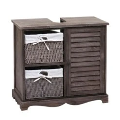 Waschbeckenunterschrank HWC-H20, Badezimmer Waschtisch, Massiv-Holz Korb-Schublade 60x65x31cm ~ Shabby Grau-braun