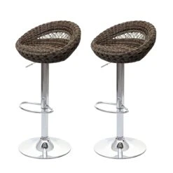 2er-Set Barhocker HWC-G26, Tresenhocker Barstuhl Drehhocker, In-/Outdoor Poly-Rattan Chrom