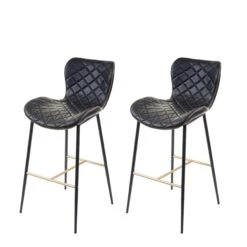 2er-Set Barhocker HWC-E55, Barstuhl Tresenhocker, Vintage Goldfarbene Streben ~ Kunstleder Schwarz
