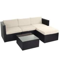 Poly-Rattan-Garnitur HWC-D28, Gartengarnitur Sofa Set ~ Braun, Polster Creme Ohne Deko-Kissen/Abdeckung