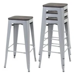 4er-Set Barhocker HWC-A73 Inkl. Holz-Sitzfläche, Barstuhl Tresenhocker, Metall Industriedesign Stapelbar ~ Grau